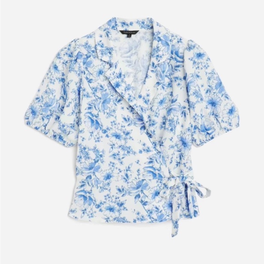 NWT Stitch Fix Violets & Roses Blue Oprah Short Sleeve Wrap Blouse